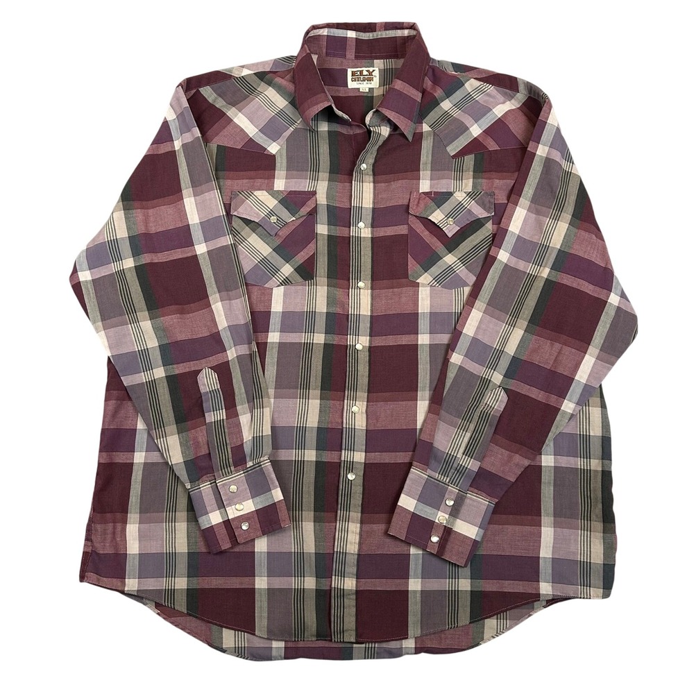 Vintage Ely Cattleman Mens XL Western Pearl Snap Shirt Plaid Purple Long Sleeve